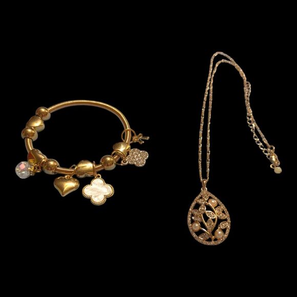 Jewelry - Gold Tone Charm Bracelet & Matching Pendant Necklace Set Floral Teardrop
